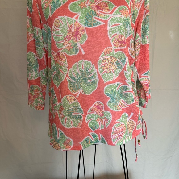 Hearts of Palm tropical print blouse embellished neck coral lime pineapple large - Picture 5 of 16